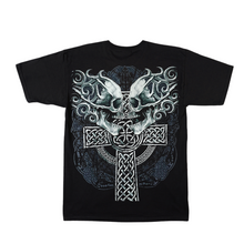 Load image into Gallery viewer, 2 Skulls on Celtic Cross Short Sleeve T Shirt   (TS0119)
