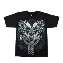 Load image into Gallery viewer, 2 Skulls on Celtic Cross Short Sleeve T Shirt   (TS0119)
