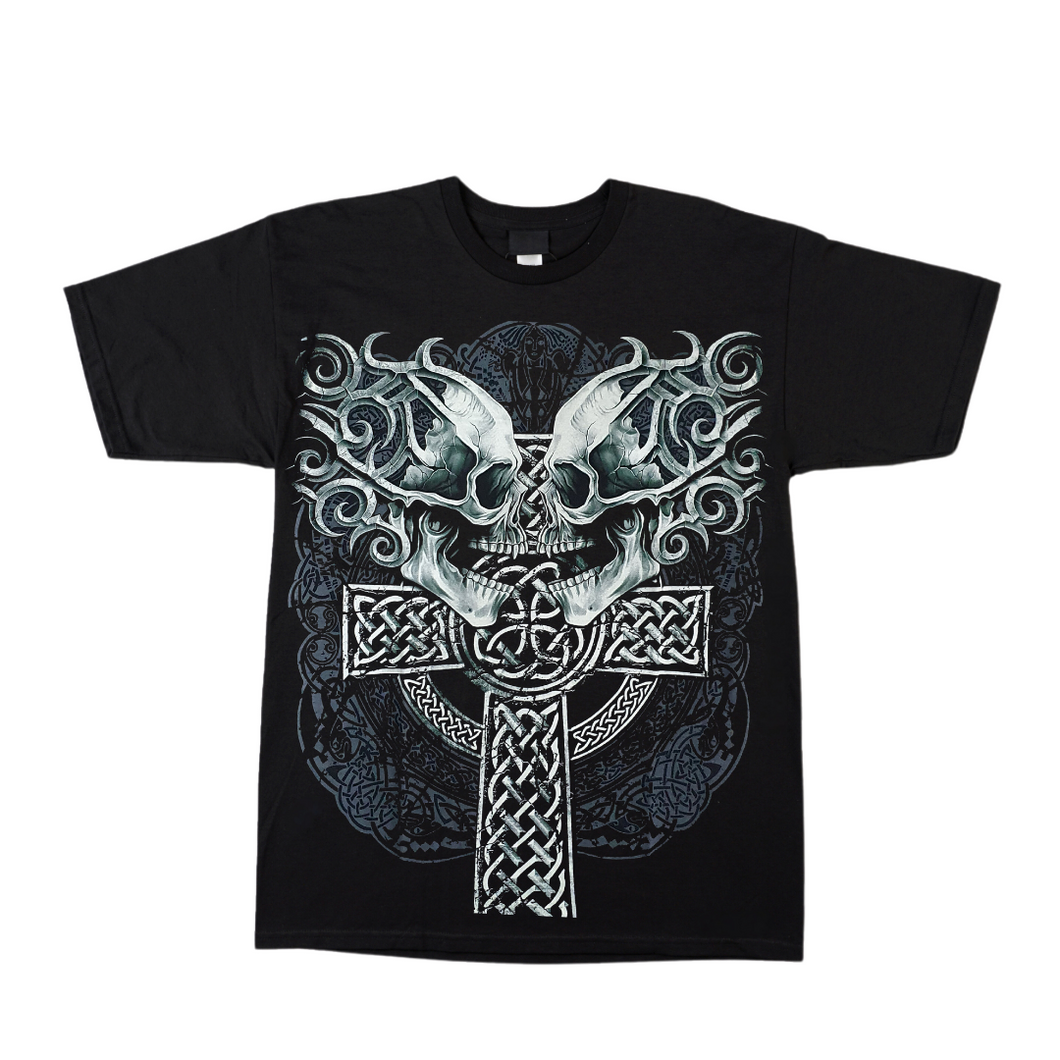 2 Skulls on Celtic Cross Short Sleeve T Shirt   (TS0119)