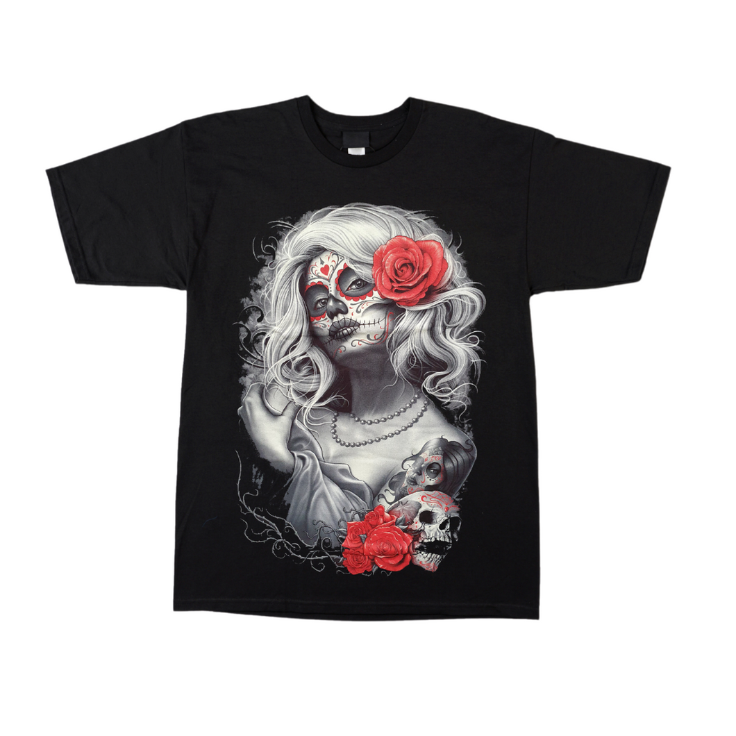 Red Rose Lady Skull Short Sleeve  T-shirt  (TS0038)