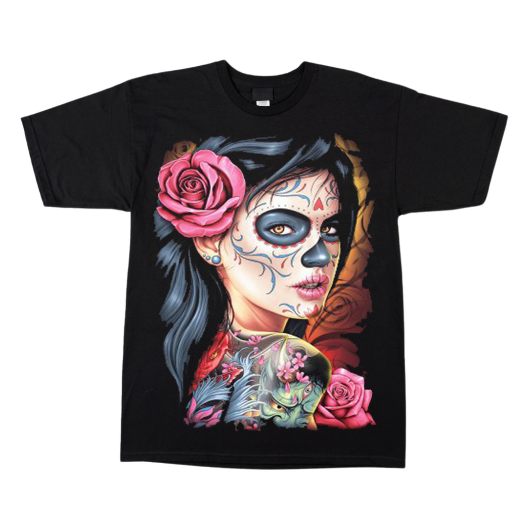 Pink Rose Skull Lady Short Sleeve  T-shirt (TS0057)